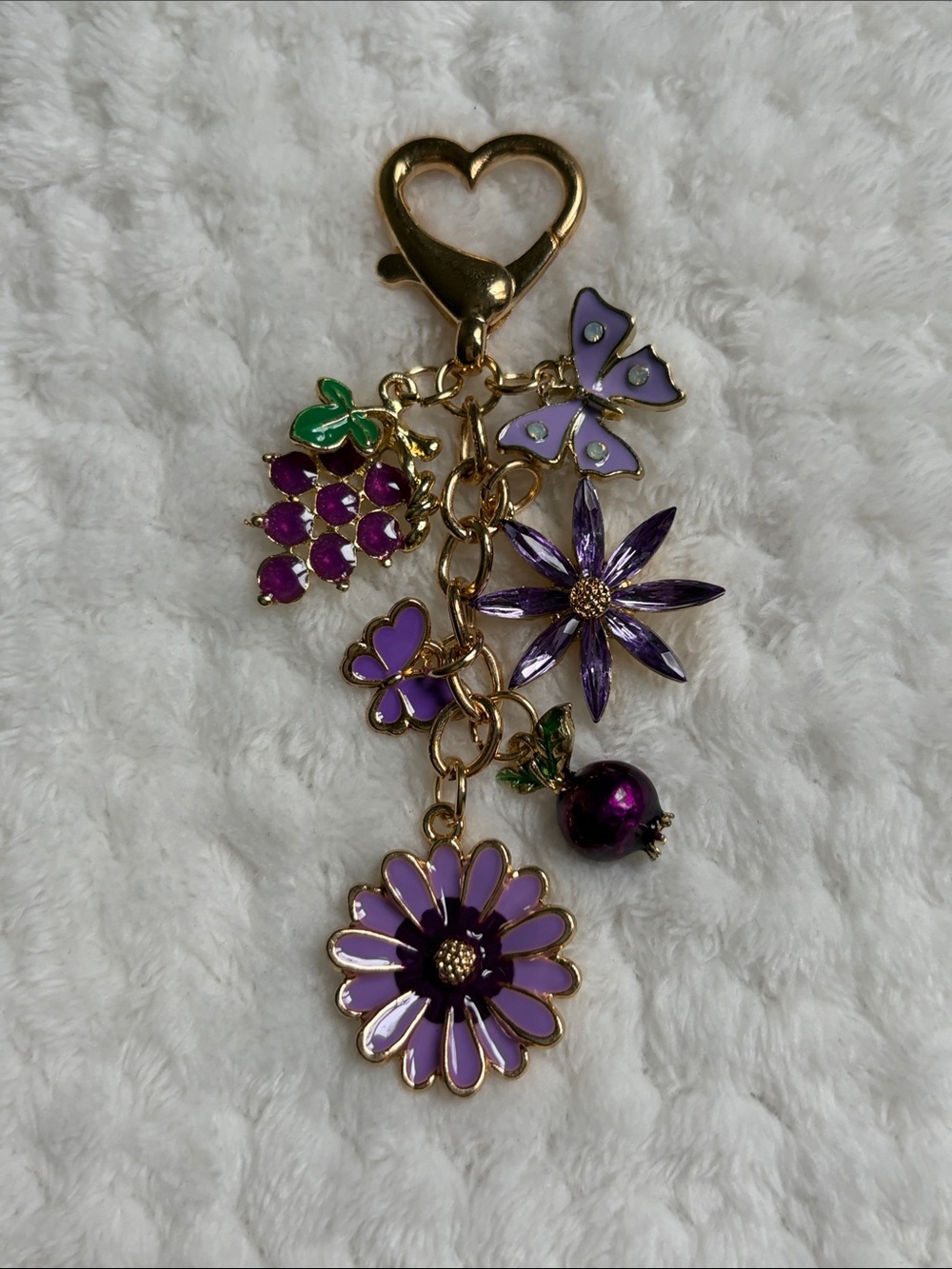 NWOT Gold-Tone Purple Floral & Butterfly Charm Keychain Pendant